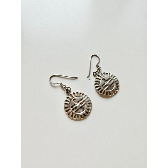 Vintage Navajo 925 Sterling Silver Sun Face Geometric Drop Earrings - Picture 2 of 10